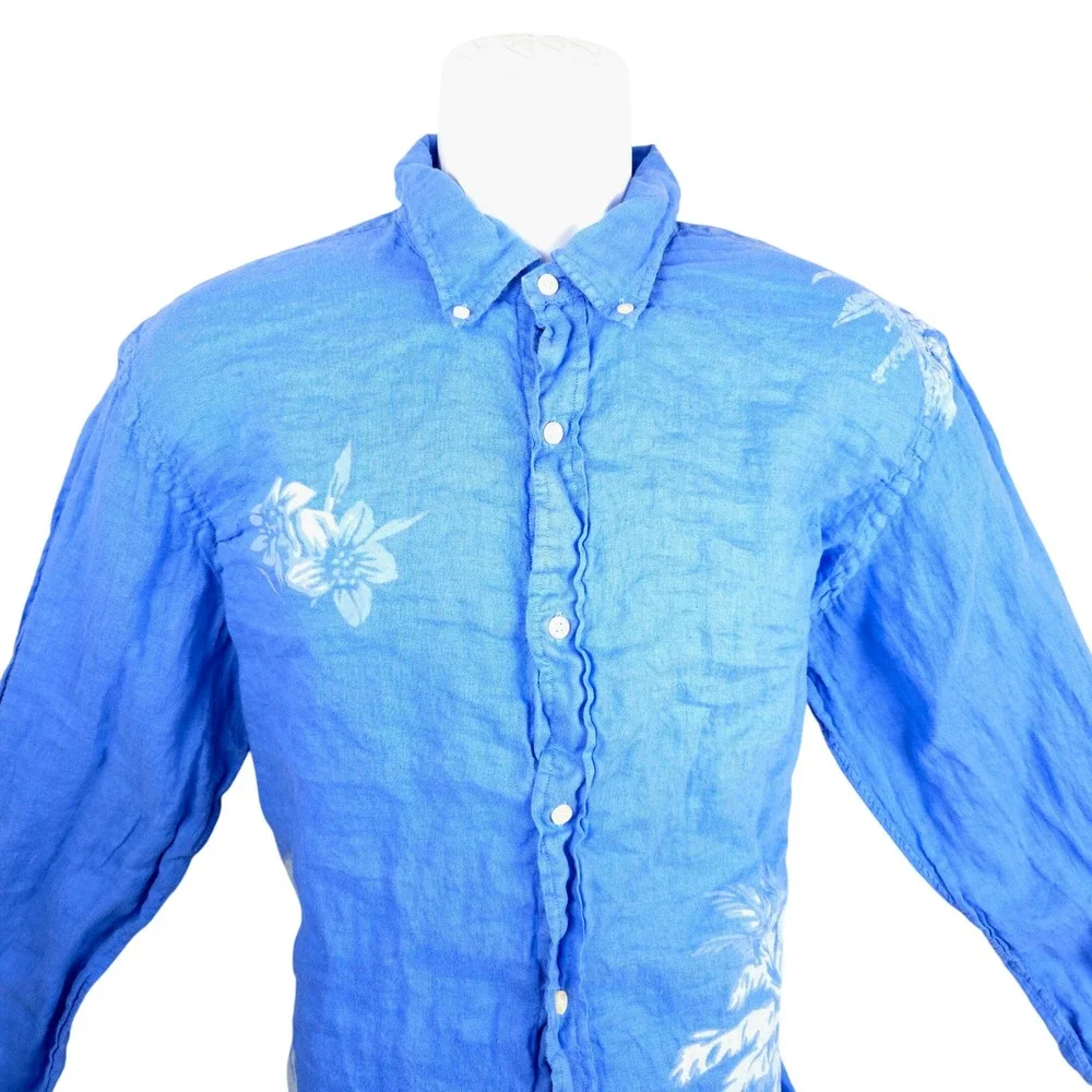 Polo Ralph Lauren Mens XXL Blue 100% Linen Tropical Palm‎ Tree Button Down Shirt